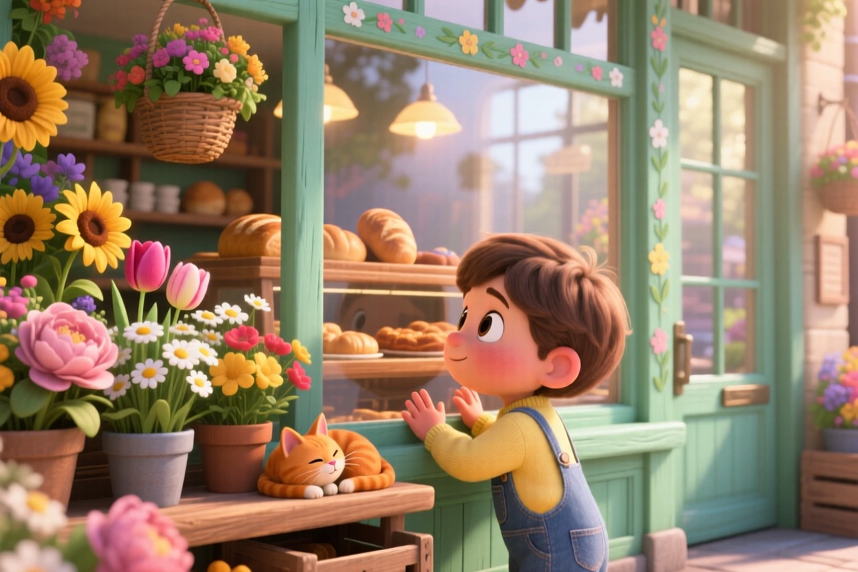 A child pressing their nose against a bakery window is captured inside a small flower shop filled with color, with warm morning light spilling across the scene. The mood is calm, familiar, and quietly delightful.