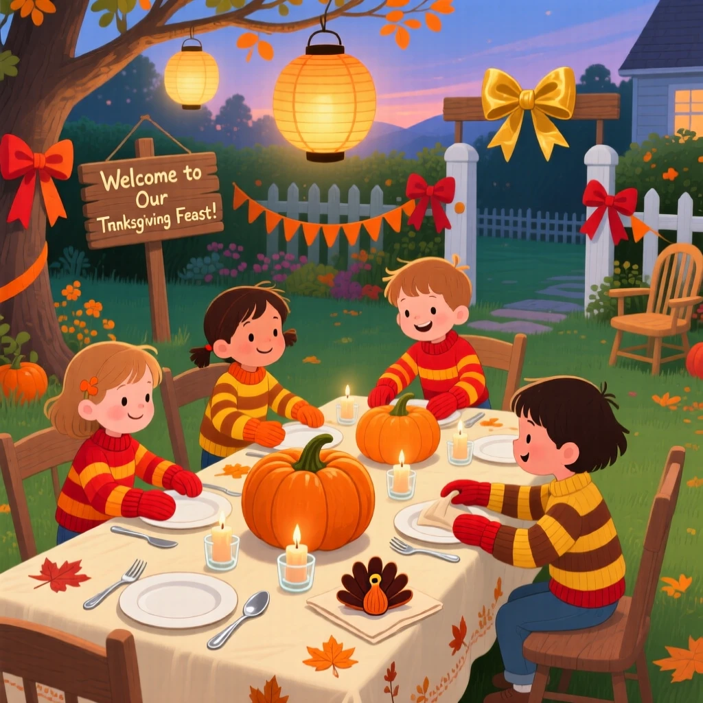 Children in matching mittens gather in a lantern-strung garden, setting the table for a big Thanksgiving feast, while ribbons and bows decorate every corner.