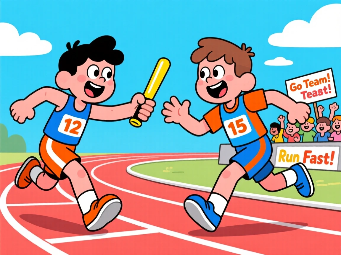 A youth track team passing a baton in a relay race.