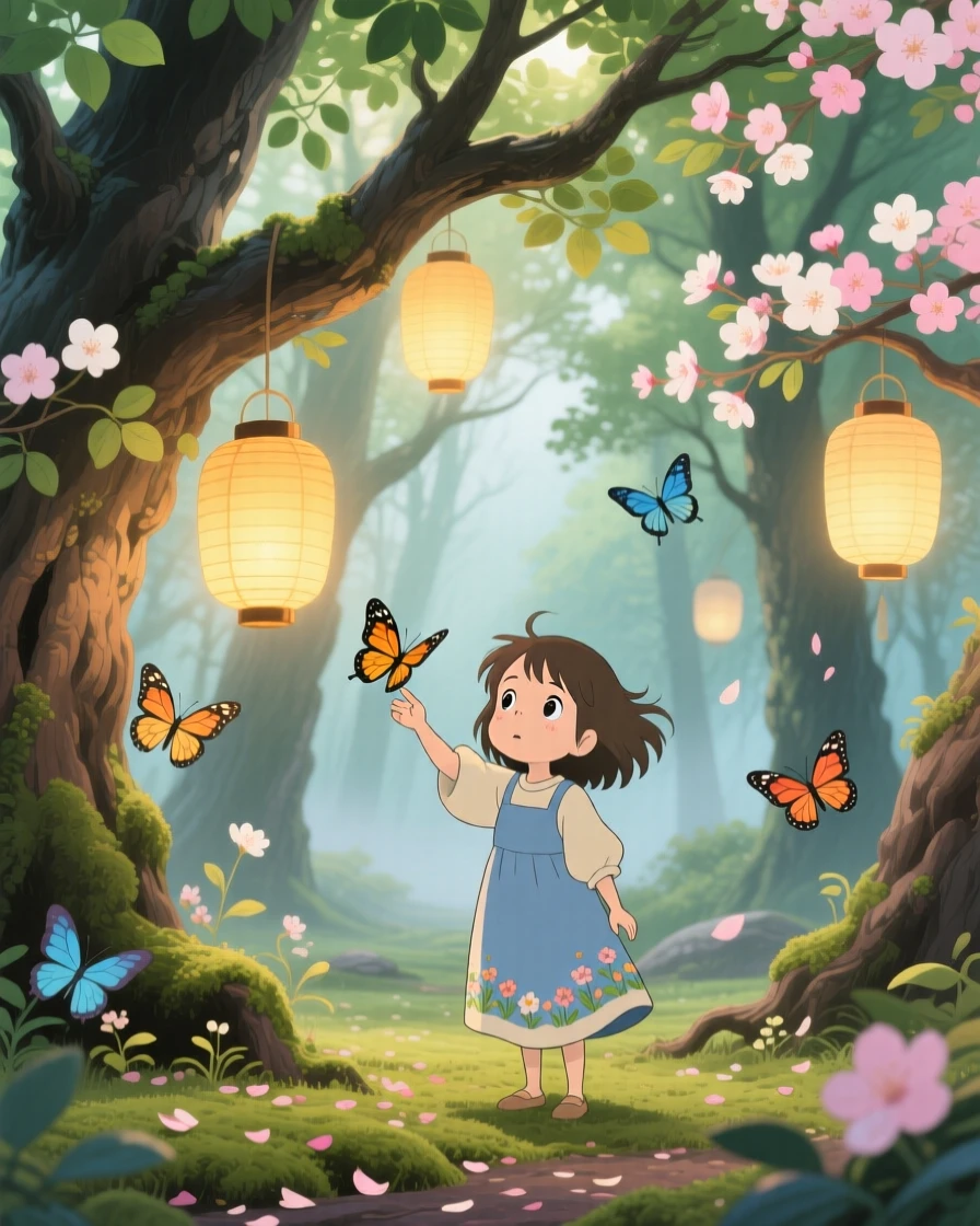 A grove of trees strung with delicate paper lanterns, butterflies drifting between blossoms, creating a scene of quiet natural magic.
