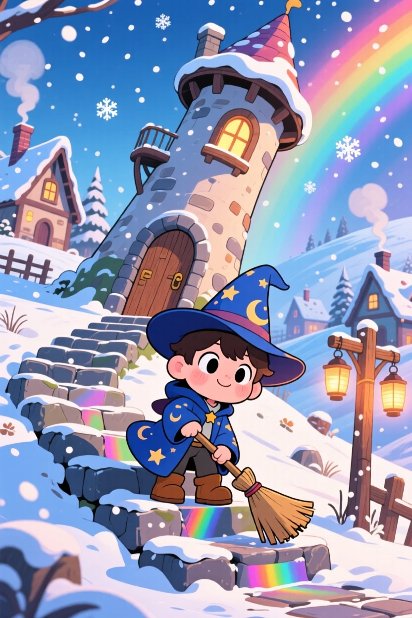 In a mystical hillside village, a small wizard's apprentice is sweeping the steps of a crooked tower during a cozy winter snowfall, bathed in bright rainbow-tinted light, expression full of proud determination. Shot as a dynamic diagonal composition.