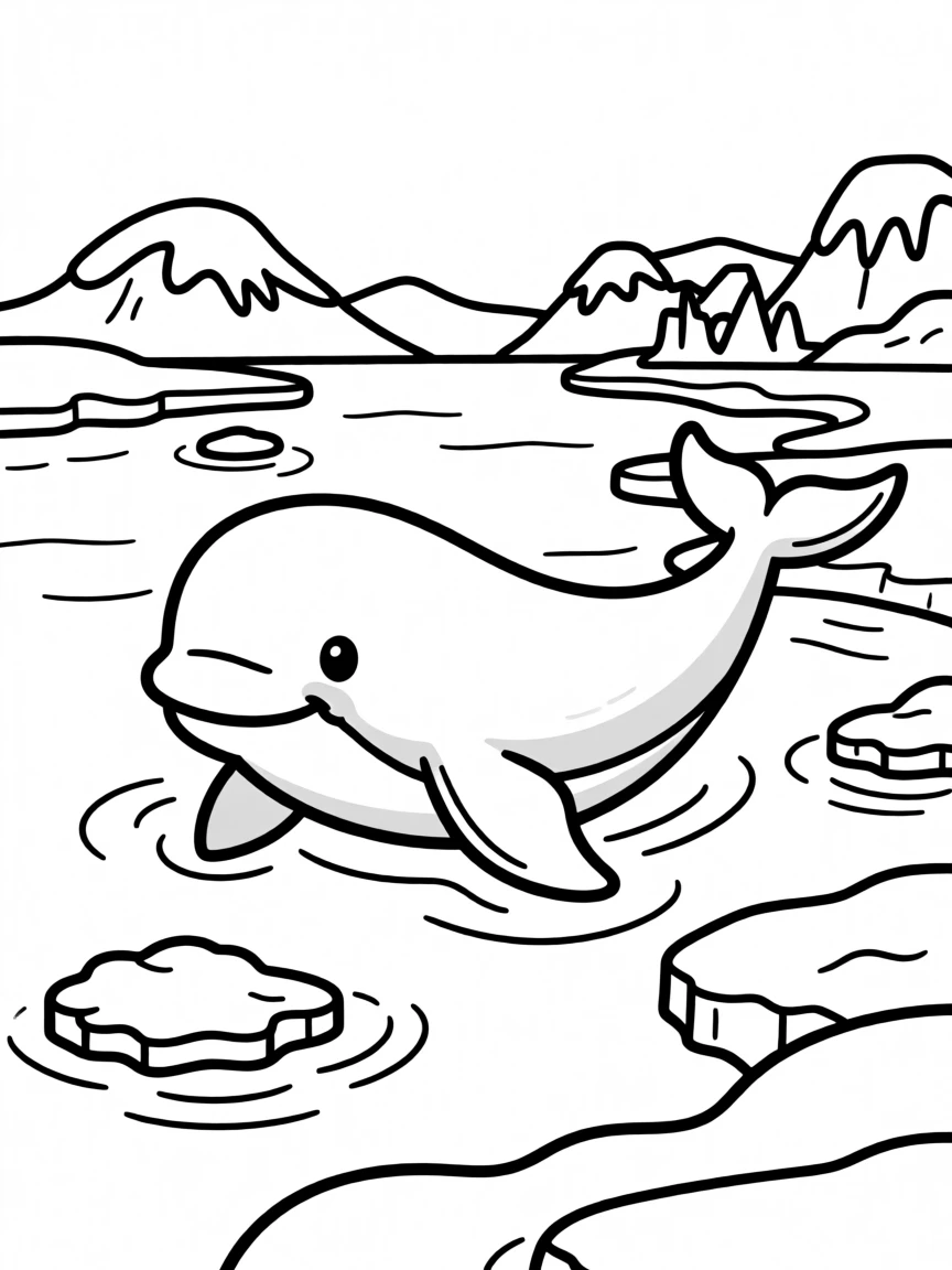 A friendly beluga whale swimming near an icy shore