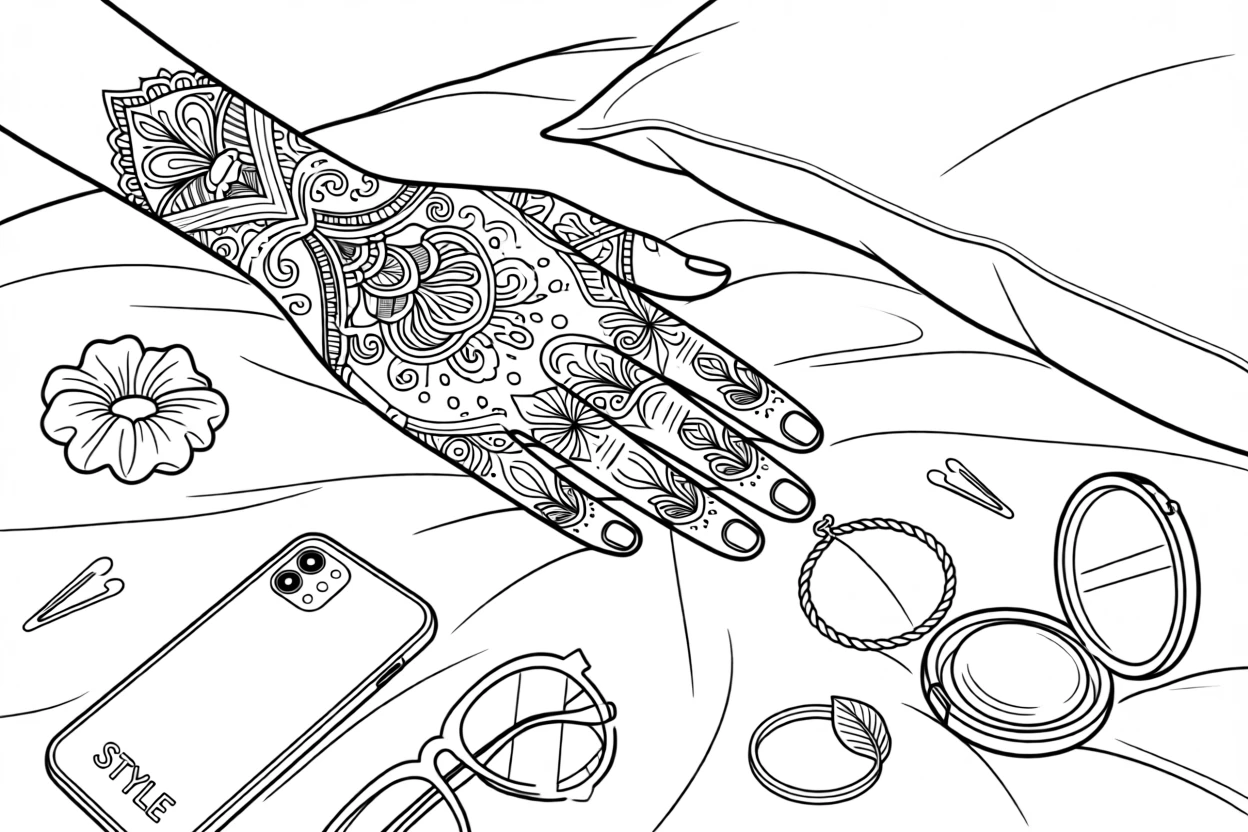 An intricate henna design covering the back of a hand, laid out on a bed surrounded by scattered accessories.