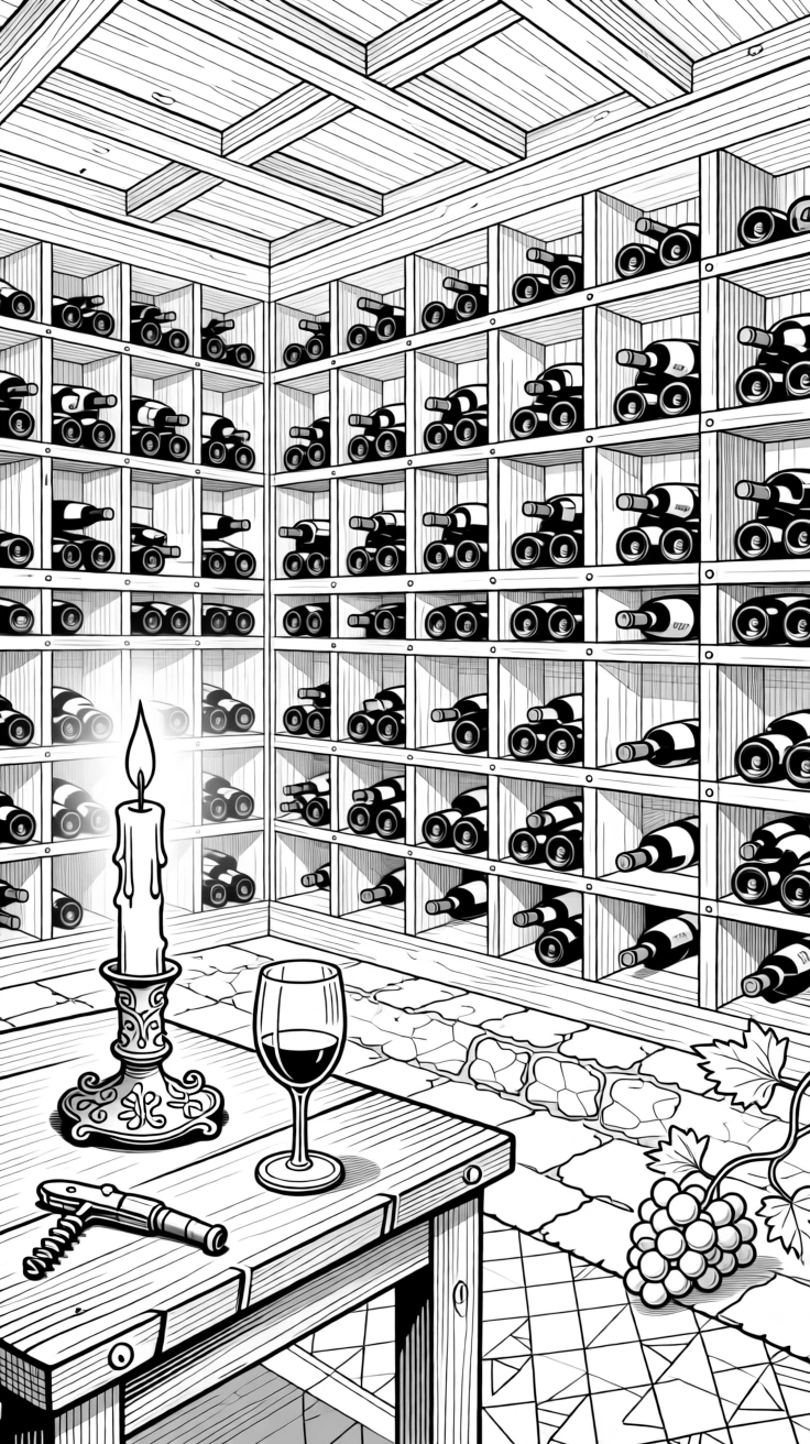 A wine cellar scene with racked bottles and a single flickering candle.