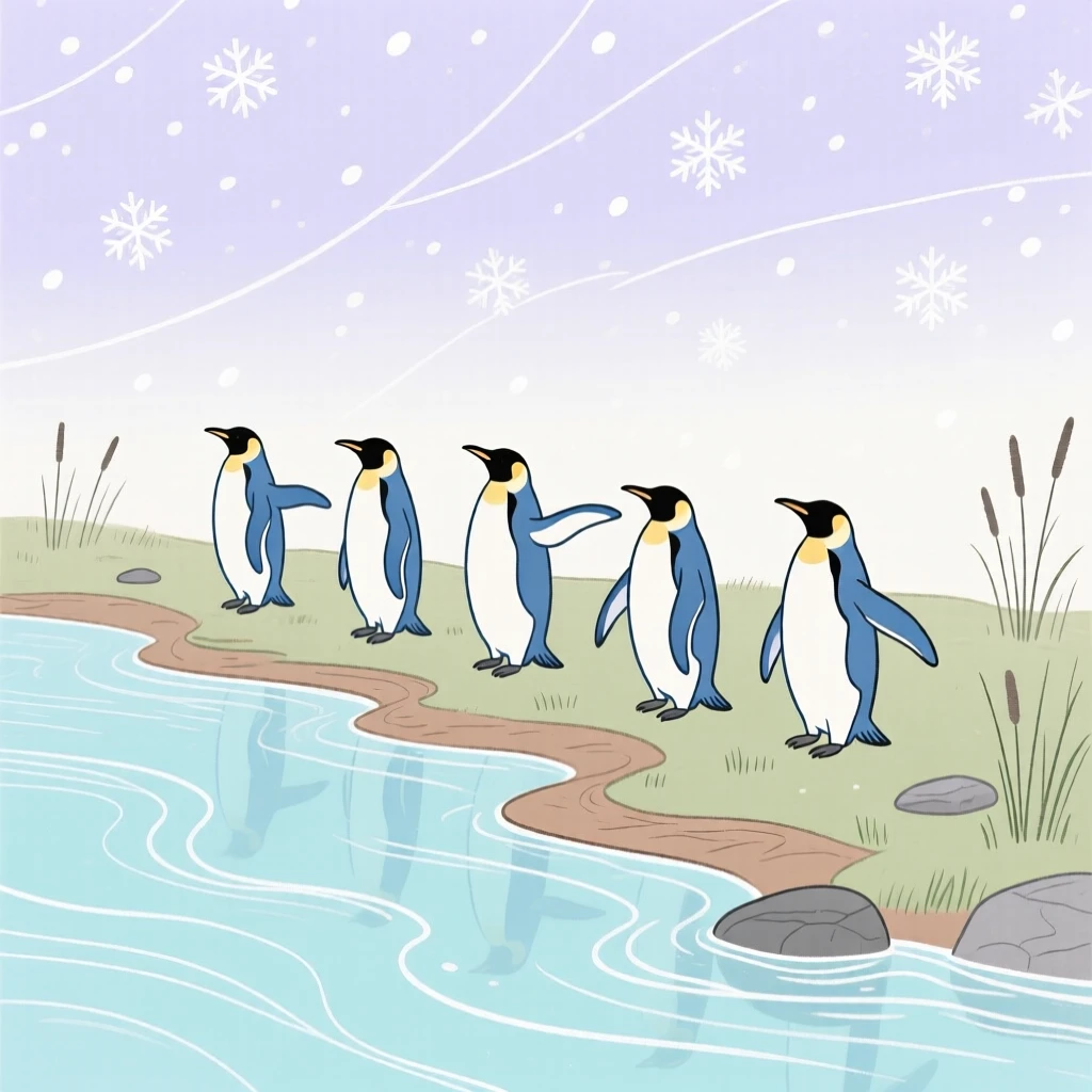 A group of penguins stretching in the morning light along a quiet riverbank during a light snowfall.