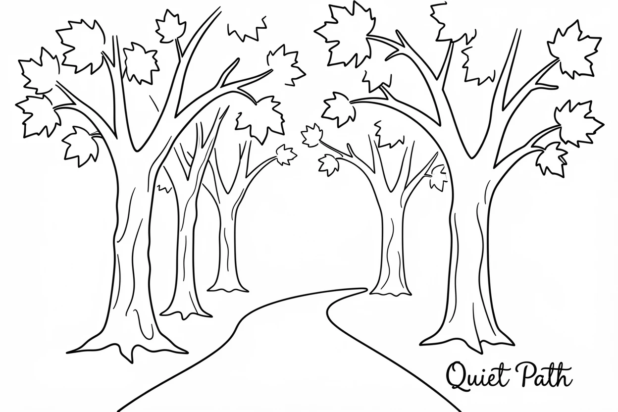 A row of autumn maple trees with branches arching over a quiet path