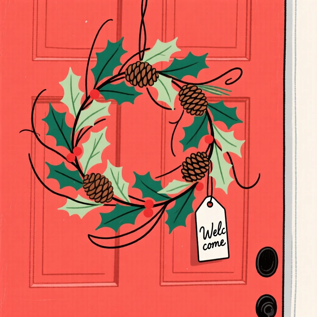 A wreath of holly and pinecones hanging on a red front door.
