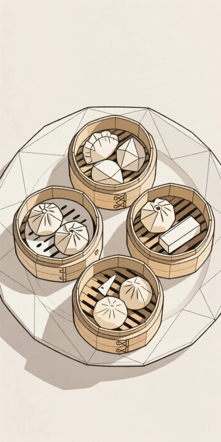A plate of dim sum in bamboo steamers