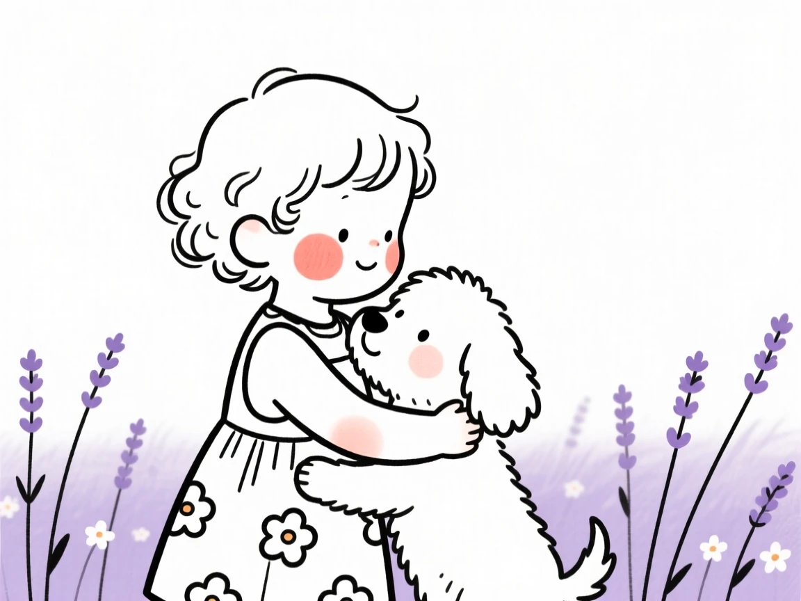A curly-haired toddler of Norwegian heritage in a floral summer dress, sharing a tender embrace, in a lavender field.