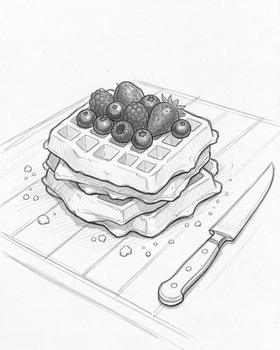 An appetizing still life of a stack of fresh waffles topped with berries on an outdoor garden table, with crumbs and a knife resting beside it.