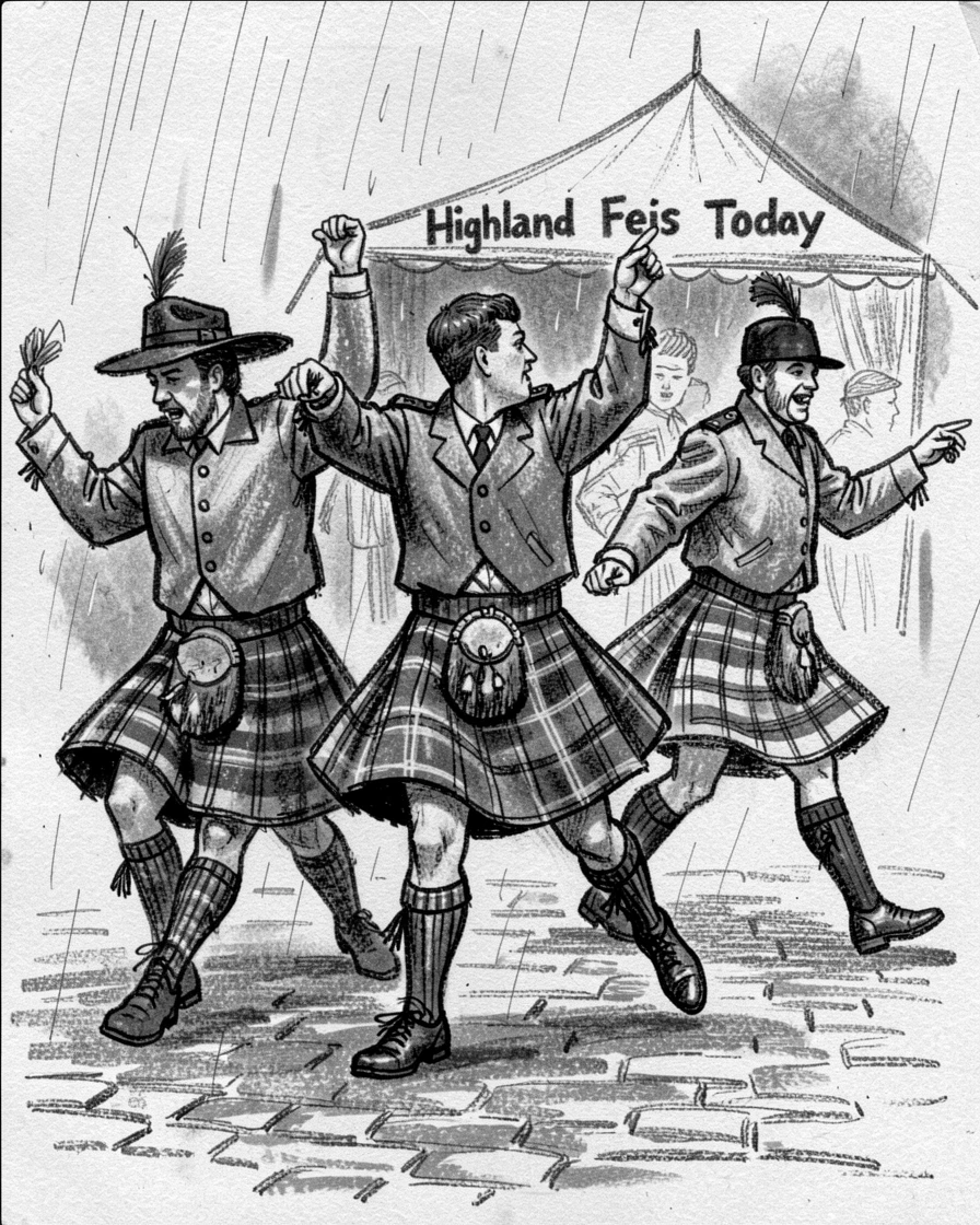 Highland dancers performing at a Scottish festival, as gentle rain patters down around them.