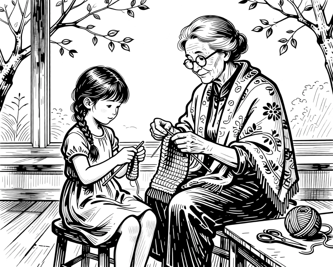 A grandmother teaching her granddaughter to knit by the window.