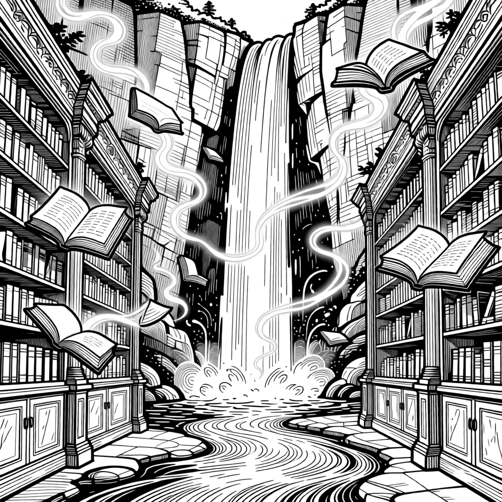 A library filled with floating books beside a waterfall that flows upward, with wisps of magical light drifting through the air, forming a full of wonder fantasy scene.