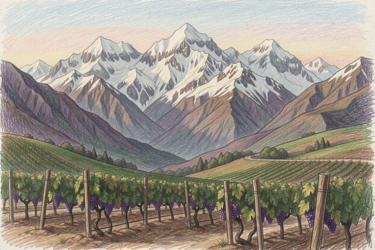 A Chilean vineyard nestled beneath snow-capped Andes peaks, captured in a quiet, intimate moment full of atmosphere, full of charm, emotion, and visual delight.