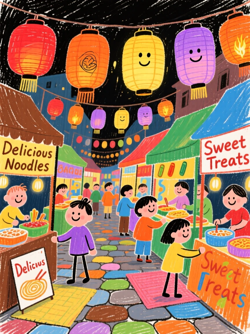 A busy night market glowing with paper lanterns and food stalls.