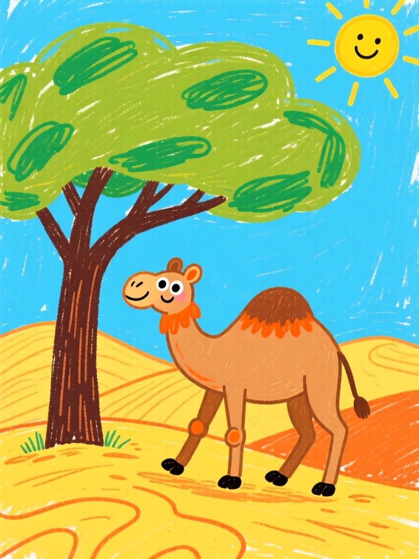 A camel crossing golden dunes under a wide acacia tree.