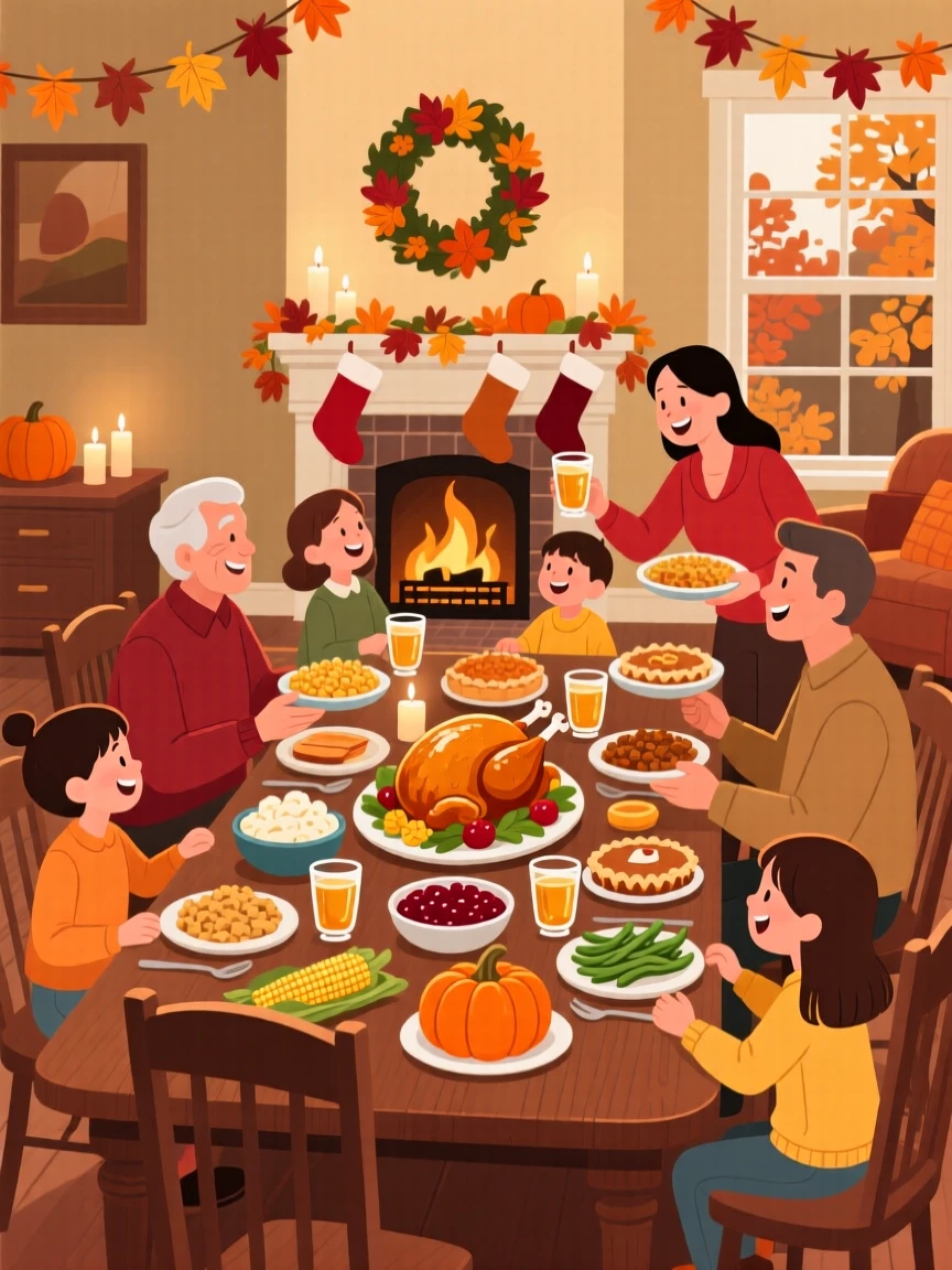 A festive Thanksgiving feast surrounded by a joyful family, set within a cozy home filled with festive cheer, arranged with joyful energy and dynamic movement, with a joyful sense of togetherness and celebration.