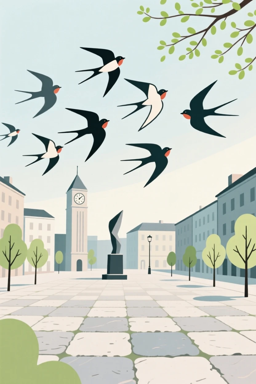 A spring scene of birds migrating in a city square.