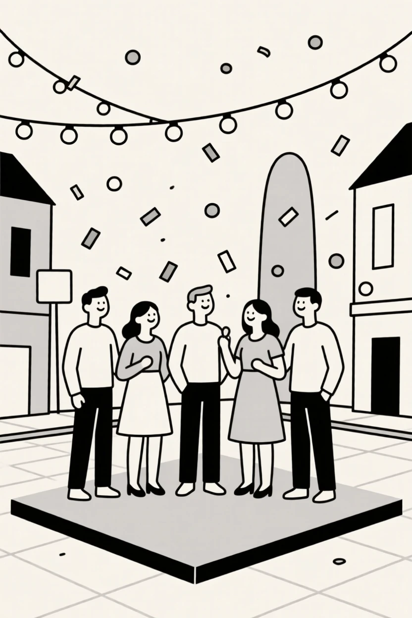 Friends gathered for a garden reception in a festively lit town square, surrounded by confetti in the air, radiating triumphant joy.