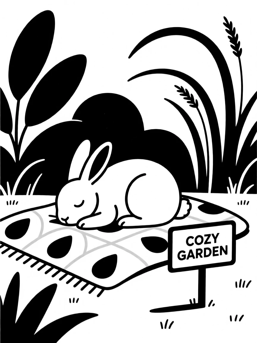 A rabbit in a garden curled up on a cozy blanket.