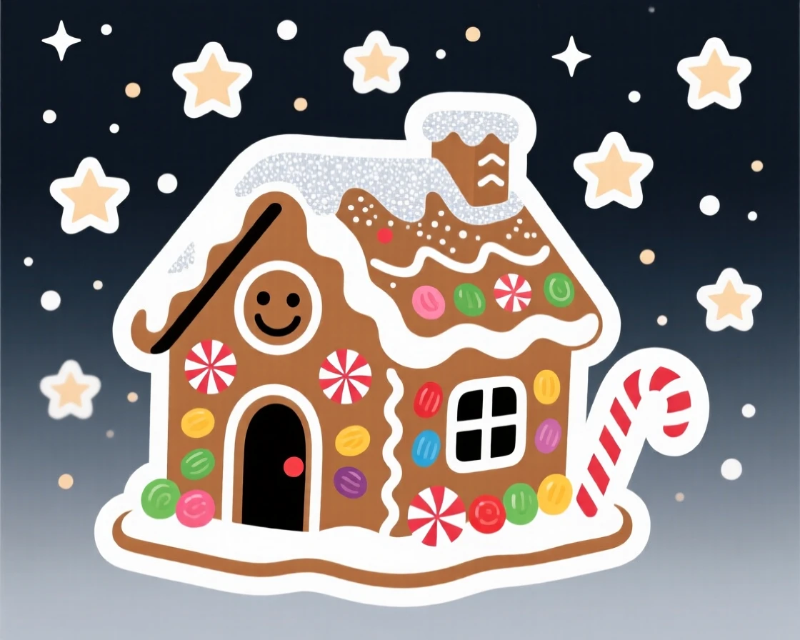 A festive and joyful gingerbread house covered in candy decorations, with a light dusting of glittering snow, under a sky full of stars on a special night.