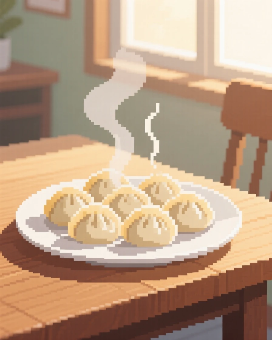 A plate of dumplings steaming gently in the morning light, in a sunlit breakfast nook.
