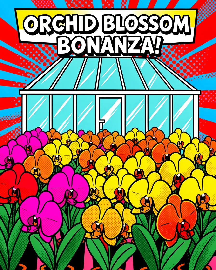 A greenhouse filled with rows of blooming orchids