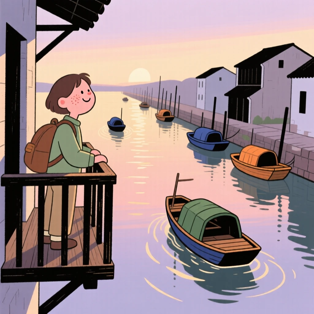 A traveler pauses on a narrow balcony overlooking a canal lined with old boats, watching boats gliding along the water as the soft evening light settles over the scene.
