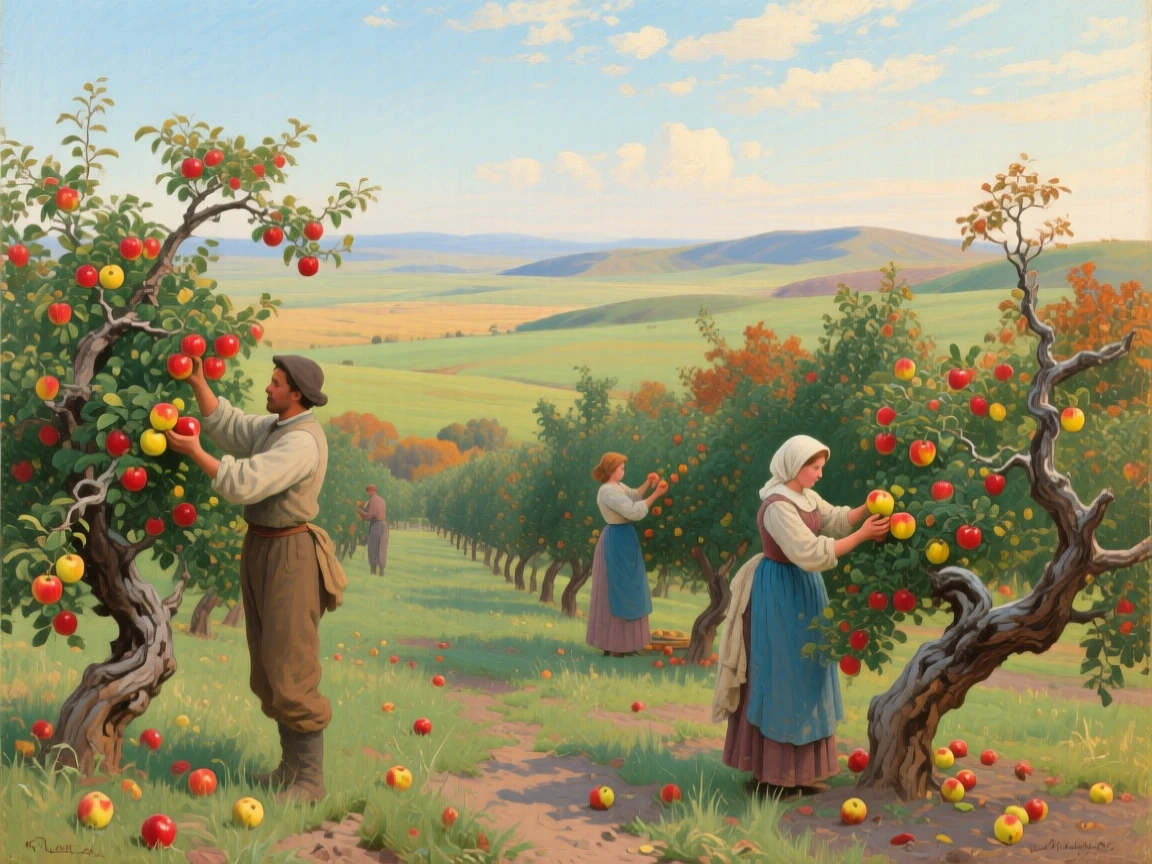 An expansive vista of an orchard where workers pick ripe apples from laden branches, in the Mongolian steppe, in the Victorian era.