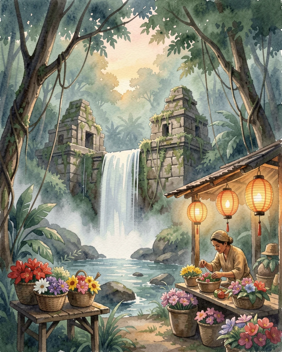 A jungle waterfall hidden behind ancient ruins as lanterns are lit at dusk with a local vendor selling fresh flowers.