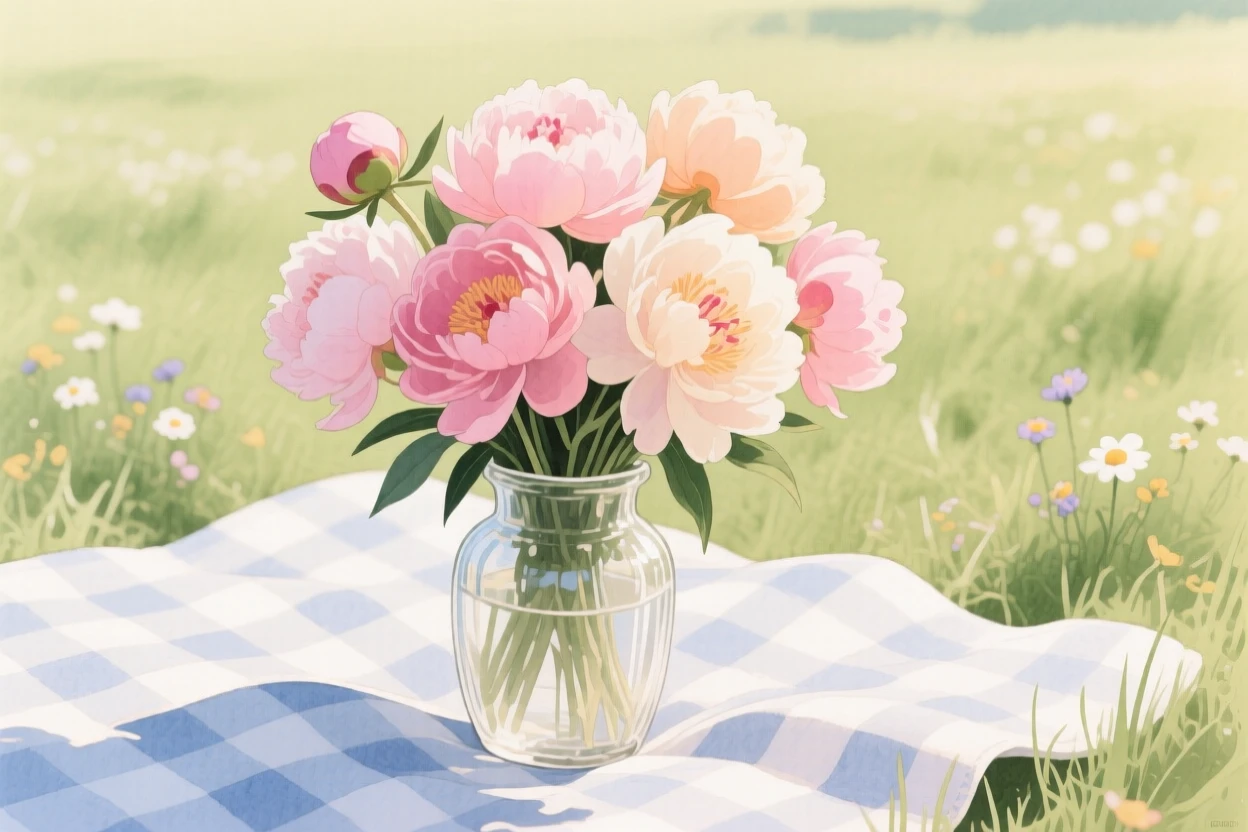 A bouquet of peonies in soft, layered tones fills a vintage glass vase on a picnic blanket in a meadow, petals catching the gentle light