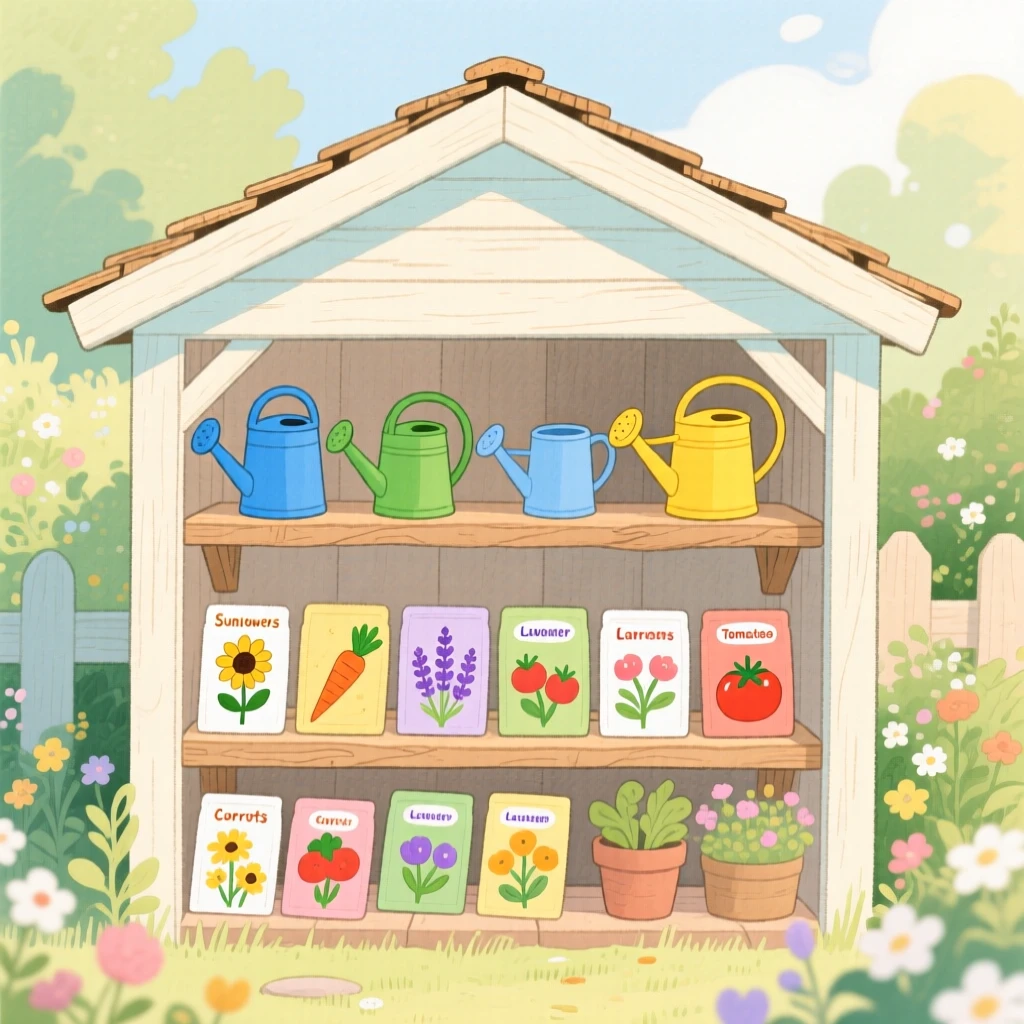 A peaceful view of a garden shed filled with watering cans and seed packets.