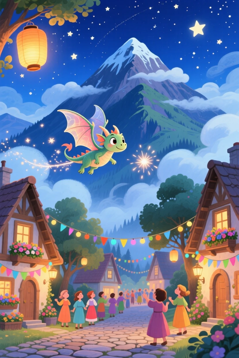 A tiny winged dragon soaring above a village during a starlit festival, in a mystical mountain peak wrapped in clouds, sparking pure childlike delight.