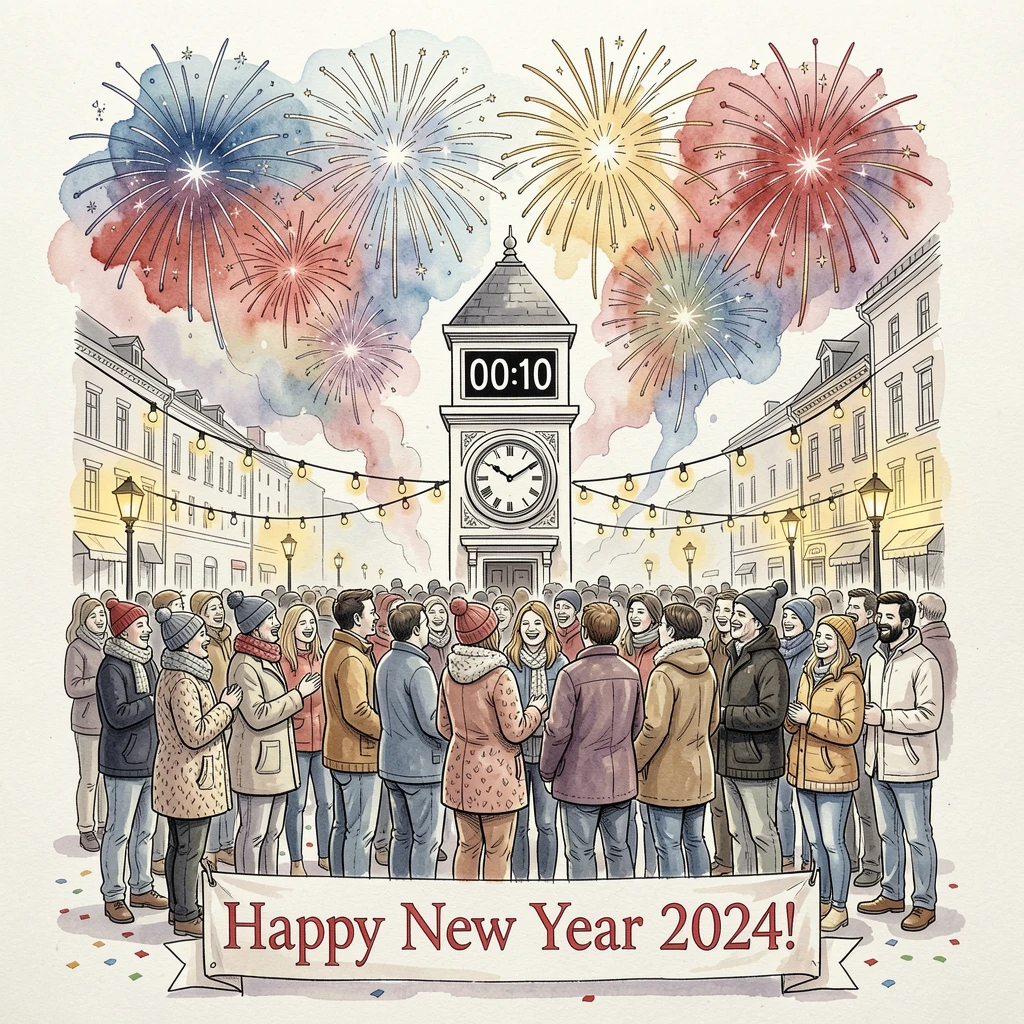 A New Year's Eve countdown scene with a crowd gathered under fireworks, small decorative details adding charm throughout.