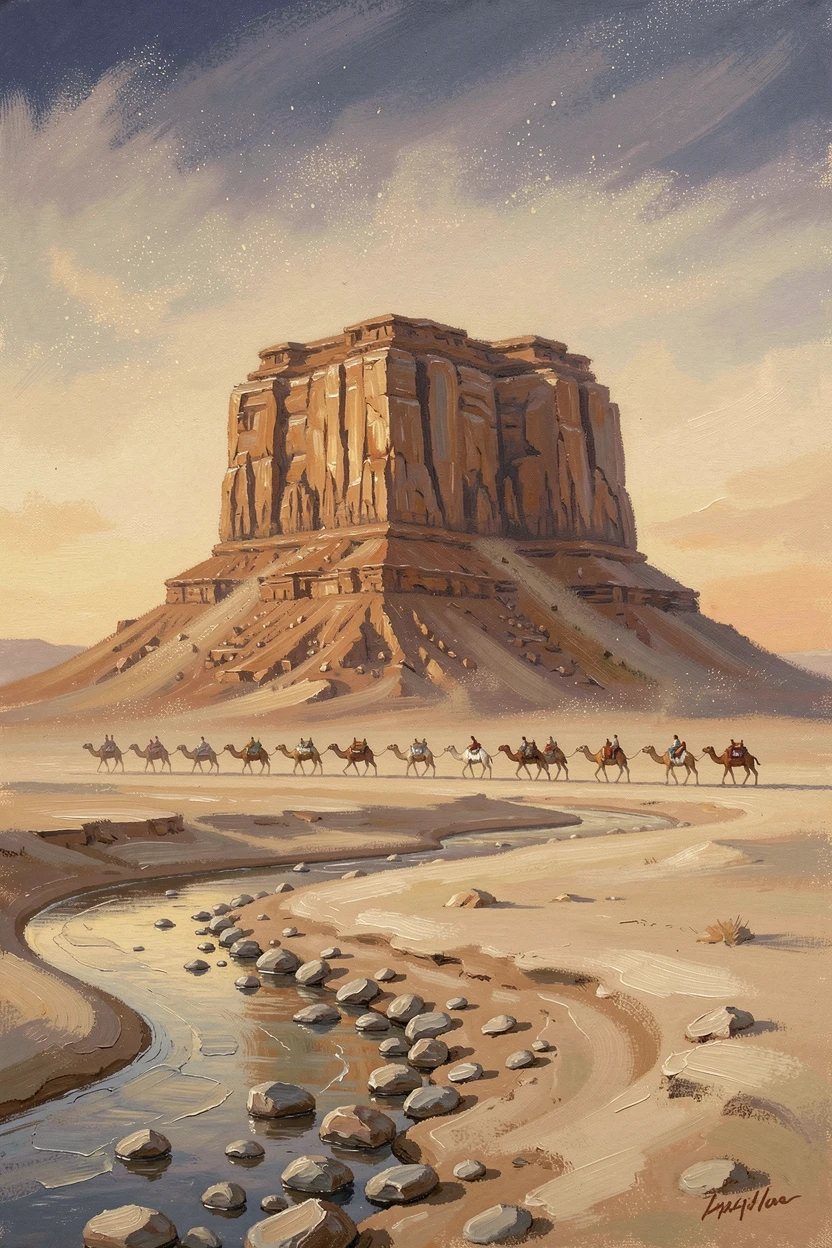 During a golden, dust-filled dusk, a lone weathered mesa rising from the desert floor, beside a dry riverbed lined with scattered stones, a caravan of camels crossing the horizon.