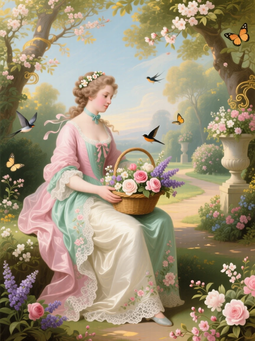 A noblewoman representing spring, holding a basket overflowing with blossoms  