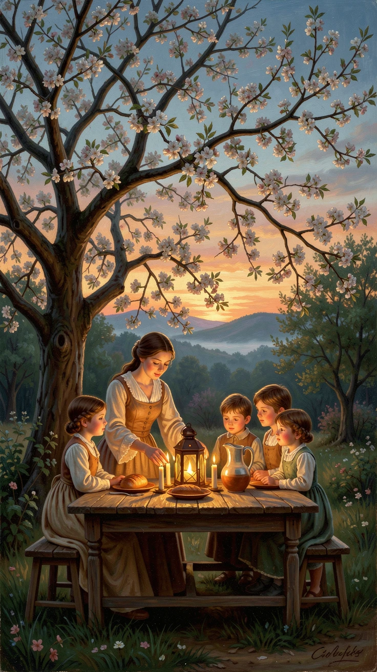 A mother and her children gather around a long table beneath an orchard tree as candles are lit for the evening.