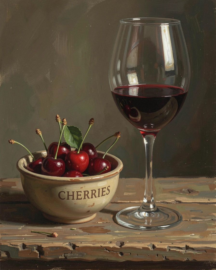 A bowl of ripe cherries beside a glass of red wine on a rustic table, as reflections shimmer subtly across polished surfaces, capturing timeless beauty through carefully chosen objects