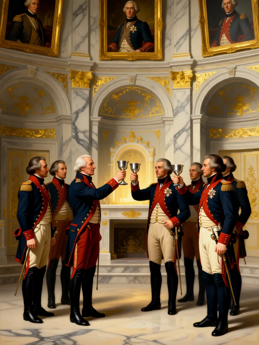 A general and his officers toasting victory in a marble hall amid the elegant bustle of a formal evening, set within a private chapel adorned with gold leaf, with portraits of ancestors watching from gilded frames; rich architectural framing lends grandeur without crowding the figures, filled with quiet ceremony and inherited dignity.
