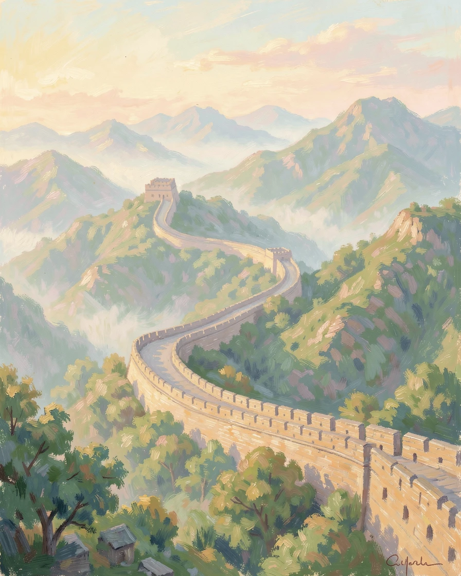 The Great Wall of China winding across misty green mountains at dawn, in the gentle hush of early morning.