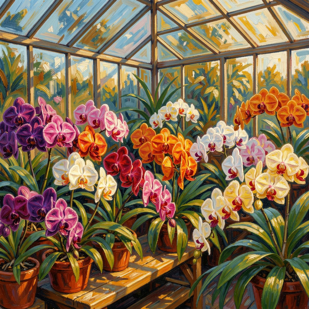 A greenhouse orchid collection glowing beneath soft afternoon light.