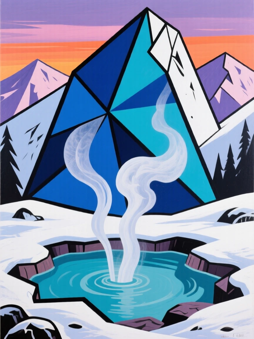 A hot spring steaming gently in a snowy mountain landscape at twilight.