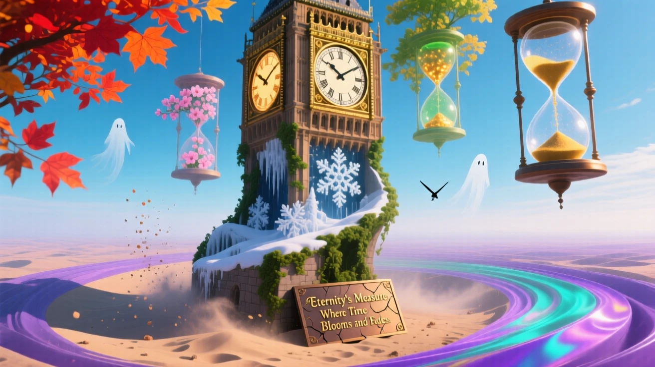 A clock tower whose face shows a different season on each side stretches into a horizon that never quite arrives, while dust drifts upward instead of settling down.