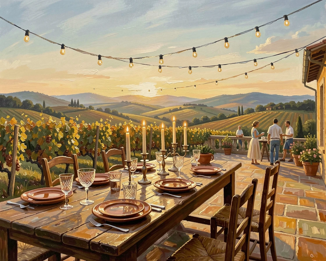 A grand Tuscan villa terrace overlooks rolling vineyards at golden hour, a long wooden table set for an outdoor dinner beneath string lights, distant figures going about their day, lending the scene a sense of genuine daily life.