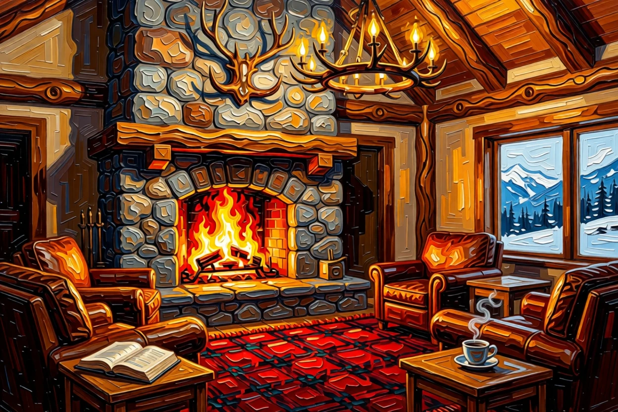 A cozy mountain lodge great room with a roaring stone fireplace and deer antler chandelier