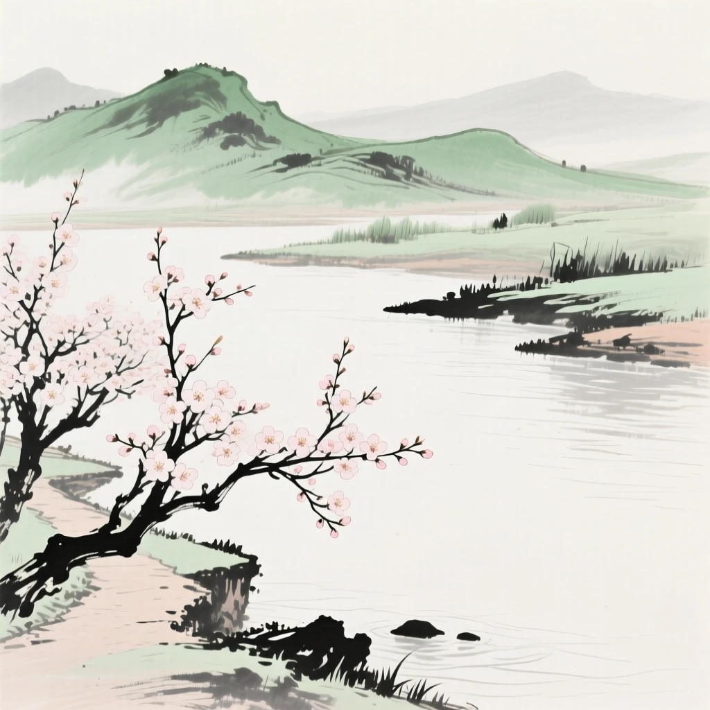 Cherry blossoms bloom in full along a quiet riverside path, with distant hills turning green after the thaw.