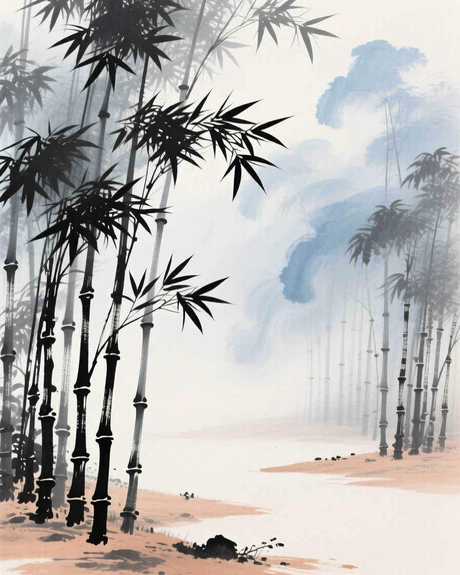 A bamboo forest with tall stalks swaying together, through swirling morning fog, evoking a sense of quiet solitude.