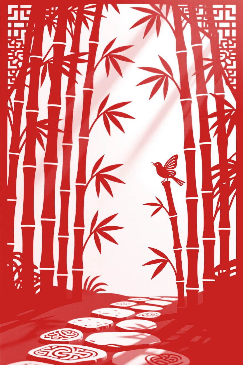 A bamboo grove swaying in a gentle wind, sunlight filtering through the stalks to dapple a narrow stone path below