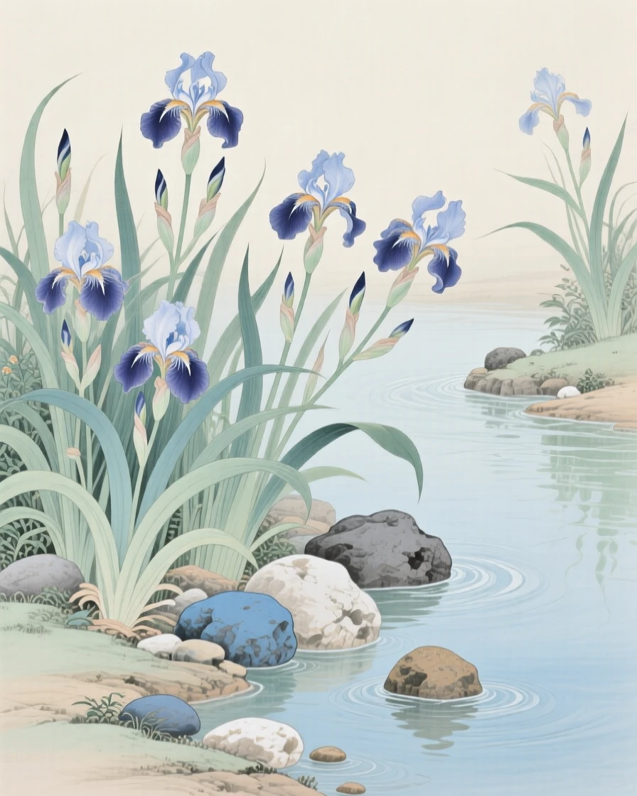 Irises growing along a riverbank scattered across smooth garden stones