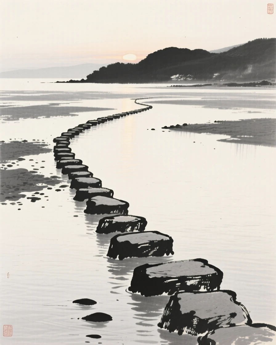 A stone causeway crossing a shallow tidal flat at first light, when the world is still hushed and grey, seen from across the water, the far shore reduced to soft silhouette, suggesting the quiet vastness of the natural world.